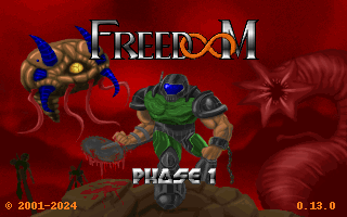 Заставка Freedoom: морпех и змееподобный монстр на красном фоне